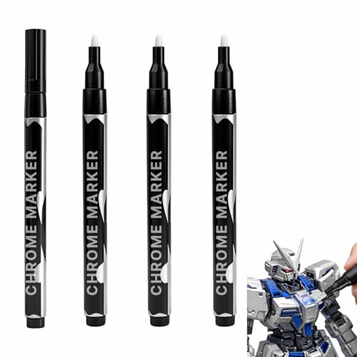 Silber Liquid Chrome Lackstift, 4er Pack Chrom Lack Marker mit Hochglanz-Spiegeleffekt, wasserfest & lichtbeständig, Silber Metallic Stifte für Metall, Glas, Kunststoff, DIY, Modelle, Poster