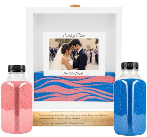 NIRALIS Ritual Arena Boda Kit Ceremonia con Marco Foto Personalizado 10x15 cm, Pergamino y 2 Botellas 800 gr - Caja Madera Blanca 25x25 Fabricada en España (Rosa/Azul)