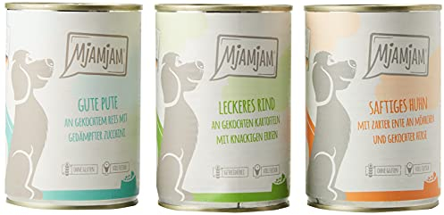 MjAMjAM - Premium Nassfutter für Hunde - Mixpaket I - Huhn & Ente, Rind, Pute, 6er Pack (6 x 400 g), naturbelassen mit extra viel Fleisch