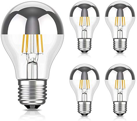 ledscom.de 5 Stück E27 LED Leuchtmittel, A60, warmweiß (2700 K), 4,1 W, 461lm, Kopfspiegel (silber)