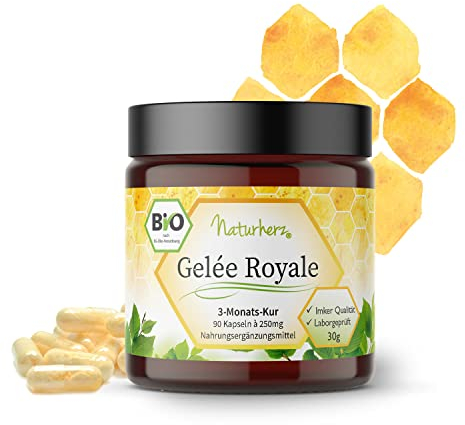 Bio Gelee Royal Kapseln von Naturherz | 100% Gelee Royal Pulver | OHNE Zusätze | 90 Vegi-Caps im praktischen Braungläschen