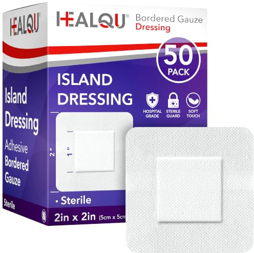 HEALQU Bordered Gauze Island Dressing - 50 Count, 2 x 2 Sterile Individually Wrapped Gauze Pads with Water-Resistant, Non-Woven Backing - Soft and Breathable Wound Dressing for First Aid and Medical