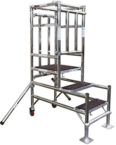 4 TREAD Mobile Telescopic Guardrail Podium Steps – 1.2m Tall Platform Aluminium Safety Scaffold Cage – Warehouse & Site Portable Folding Ladder Cage – Anti-Fall Enclosure & Wheels – 2.8m Work Height