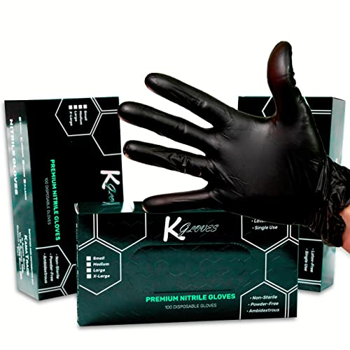 KGloves Guanti in Nitrile Neri con Alta Vestibilità e Resistenti, 100 Guanti Monouso Certificati e Professionali per Uso Medico Tatuatore Estetista e Alimenti (M, Nero)