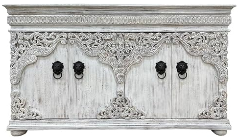 Kommode Zarina Indisches Sideboard aus Mangoholz mit Schnitzerei Oriental Indien Konsole Shabby Weiß180 cm