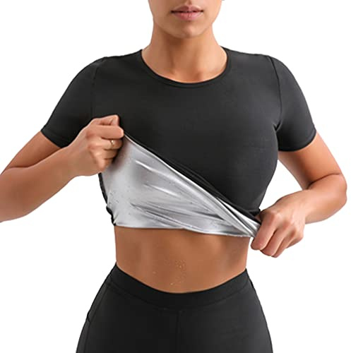 Damen Sauna Schwitzeffekt Saunaanzüge Lange Ärmel Training Tanktop Sauna Shirt Fitness Shirt Abnehmen Figurformende Shapewear Taillenmieder Korsett Hemd Bodyshaper Schwitzanzug (S/M,A(T-Shirt))