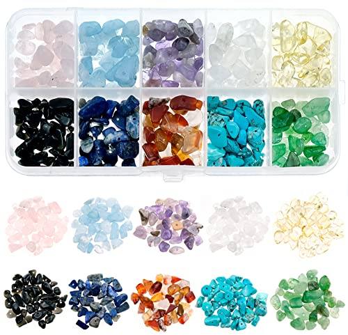 300 Stück Naturstein Perlen Edelsteine Perlen, 10 Farben Edelsteine mit Loch Schmuck Basteln für DIY Schmuck Halsketten Armbänder Ohrringe Dekorationen