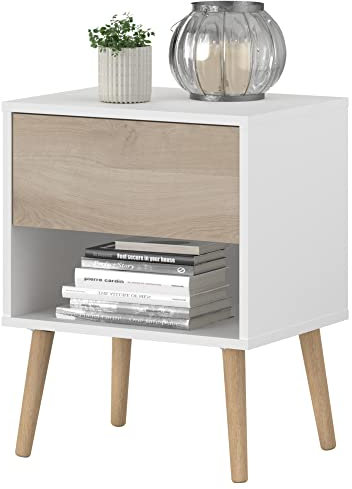 Miroytengo Osaka Nachttisch, 1 Schublade, Schlafzimmer, Möbel, japanische Eiche und Mattweiß, 44 x 56 x 33 cm