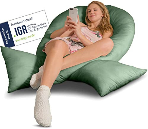 Traumreiter Visco XXL Seitenschläferkissen mit Bezug Taubengrün | Hybrid Kissen + 1cm Memory Foam I U förmiges Schwangerschaftskissen Gel Body Pillow I Lagerungskissen Ergonomie Zertifiziert