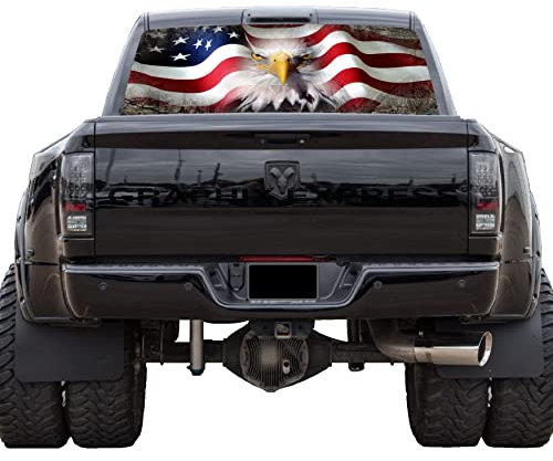 GRAPHIX EXPRESS Truck Back Window Graphics - Bald Eagle American Flag Decal (P534) - USA Flag with Eagle - Universal See Through Rear Window Vinyl Wrap - Full Window Decals for Trucks