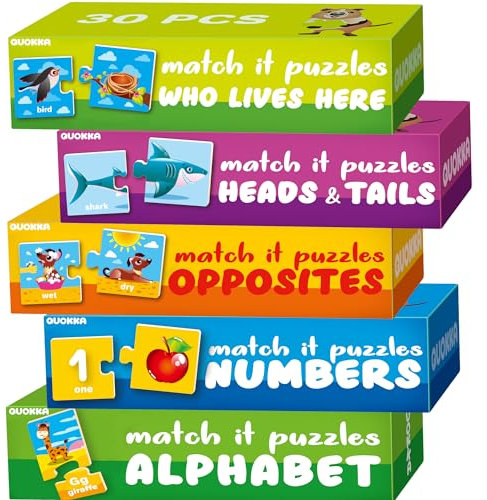 QUOKKA Toddler Puzzles For 1 2 Year Olds - 5 SET Puzzle Matching Games - Educational Jigsaw Toy for 2-3 Year Old - Numbers Animals Opposites ABC Learning Resources for Toddlers - Game for Boy & Girl