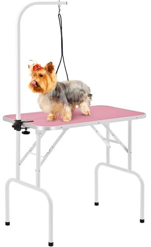 Yaheetech 32'' Foldable Dog Grooming Table Pet Dog Cat Drying Beauty Table with Adjustable Folding Fixed Arm Folding Legs Maximum Capacity 100KG Pink