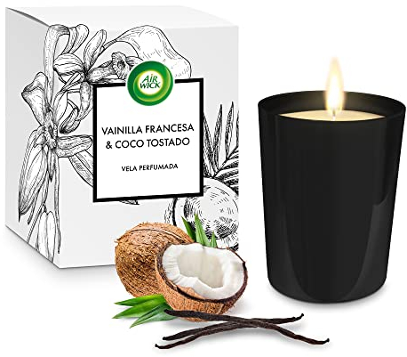 Air Wick Vela Aromática Perfumada con aroma a Vainilla y Coco Tostado, hasta 40 horas de duración, 220gr