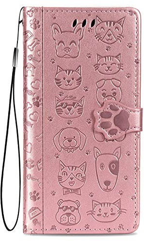 Fertuo Cover per TCL 403, Custodia Portafoglio a Libro in Pelle Flip Cover con Porta Carte, Chiusura Magnetica [Disegni di Gatto Cane] Case Antiurto per TCL 403, Oro Rosa