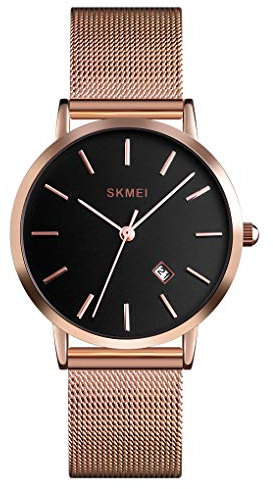 SKMEI Uhren für Frauen Analog Quarz Minimalistisch Einfaches Kleid Rose Gold Frauen Slim Dünne Armbanduhr Mesh Band Wasserdichte Uhren Mode Damen Armbanduhr mit Datum, Roségold, 33