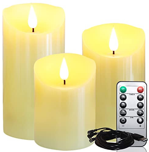 Lezonic Rechargeable Flickering Flameless Candles Battery Operated with Remote and Timer, Pack of 3(D 3'' X H 4''5''6'') Long Lasting Ivory White Real Wax LED Pillar Candles