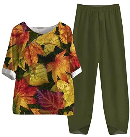 MJGkhiy Tuta Donna Completa Estiva Elegante T-Shirt & Pantaloni Casual Due Pezzi Tuta Elegante Offerta Manica Corta Camicia + Pantaloni Lino Set Completo Donna Estivo Taglie Forti