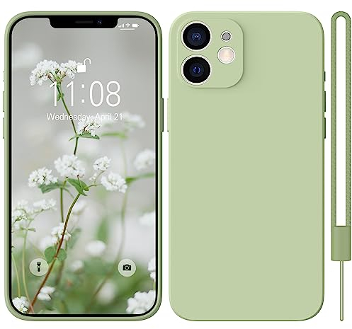 HGH für iPhone 12 Hülle Silikon mit Lanyard, Handyhülle für iPhone 12 Case Ultra Dünne Rundumschutz mit Weichem Microfiber-Innenfutter Stoßfeste Kratzfest Schutzhülle 6.1 Matcha-Grün