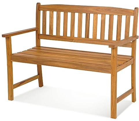 KOMFOTTEU 2 Sitzer Gartenbank, Sitzbank aus Akazienholz, Außenbank mit Rückenlehne und Armlehnen, Parkbank bis 360 kg belastbar für Balkon Garten Terrasse, Natur (110x56,5x86cm)