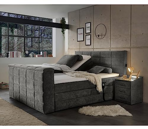 Lomadox Boxspringbett 180x200 cm mit Bettkasten und TV-Halterung | Doppelbett in grau mit Härtegrad H2