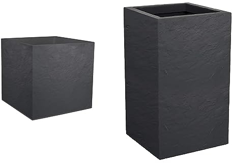 EDA - Pot Carré 50 cm Volcania 57 L - Décor Imitation Pierre - Double Paroi - Zone de Réte & Pot Carré Haut Volcania'Up 36 L - Décor Imitation Pierre - Simple Paroi - Zone de Rétention