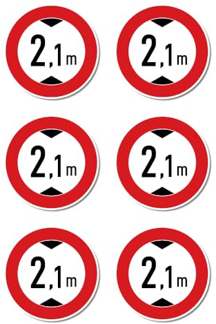 Aufkleber: ⌀ 50 mm, 6 Stück - Maximale Durchfahrtshöhe/Verbot für zu hohe Fahrzeuge - 2,1 m - Meter - StVO Zeichen Z-265