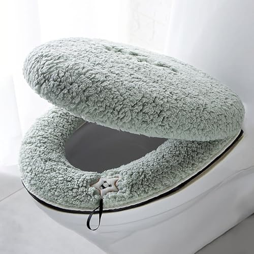 HICYOO Warm Plush Washable Toilet Seat Cover Pads with Zipper & Toilet Lid Cover 2PCS Four Colors Available (Green)