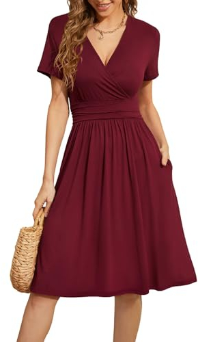 Actcat V-Ausschnitt Kleid Kurzarm Casual Kleider Sommerkleid Floral Party Kleid mit Taschen Kleider elegant blusenkleid Damen blusenkleid Damen Kleid a Linie