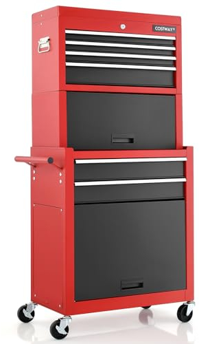 GYMAX 2 in 1 Werkstattwagen, Werkzeugwagen mit 6 Schubladen & Haken, Rollwagen mit unterem Schrank, Werkzeugschrank für Garage & Lagerhaus, 61,5 x 33 x 132 cm (Schwarz+Rot)