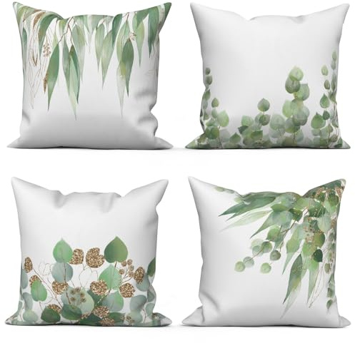 ASDCXZ Grün Blätter Kissenbezug 40x40 cm 4er Set, Frühling Grün Gold Eukalyptusblätter Sofa Dekokissen Kissenbezüge Kissenhülle Waschbar Polyester Flachs Textil Outdoor Kopfkissenbezug Kissen Bezug