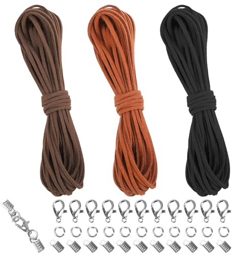 3 Farben Lederschnur Lederband 3mm X 10m, Lederband Kette, Lederbänder für Ketten 3mm, Faux Wildleder Schnur mit 100pcs Verschluss Basteln Lederschnüre für DIY Armband Halskette Schmuck Handwerk