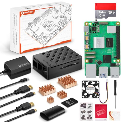 RasTech Raspberry Pi 5 8GB Starter Kit Raspberry Pi 5 8GB di RAM con Scheda da 64GB 4Dissipatori di Calore Dorati PWM Ventola di Raffreddamento 2 Cavi HD OUT Alimentatore USB-C 5,1V 5A Custodia ABS