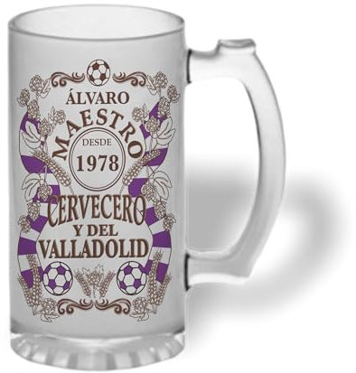 Bee Ingenious Jarra cerveza personalizada Maestro cervecero y del Valladolid. De cristal esmerilado con nombre y año personalizados Regalo para hombres. Regalo para padre, novio. (Maestro Valladolid)