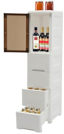 wanwanper Badezimmerschrank, Schmaler Aufbewahrungsschrank mit Schublade, Mehrzweckschrank Rollrad, Kunststoff-Eckschrank, 25x38x107cm