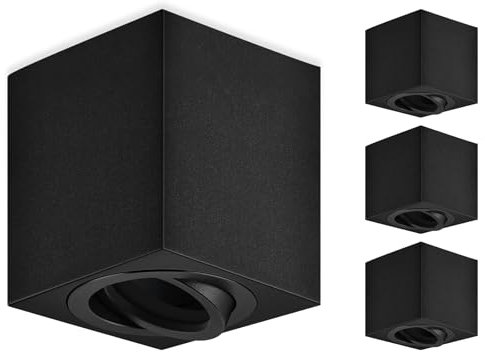 GeyouLux Aufbauspots Eckig, 30° Schwenkbar Deckenspots Schwarz, Φ80×84mm Aufbaustrahler mit GU10 Fassung, Aufputz 230v Spots aus Aluminium, Rund Aufbauleuchte Downlight, 4 Stück(Keine Lichtquelle)