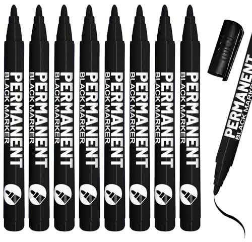 Nadiaen 8 Pcs Permanent Marker Pens - Waterproof Black Ink for Fabric, Plastic, Wood, Metal, Glass, Rocks Painting