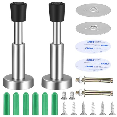 2 Pcs Wall Mounted Door Stops, Stainless Steel Rubber Door Stoppers for Skirtings, Self Adhesive or Screw Mounted Heavy Duty Hydraulic Doorstops, Sound Dampening Bumper Door Stoppers for Walls