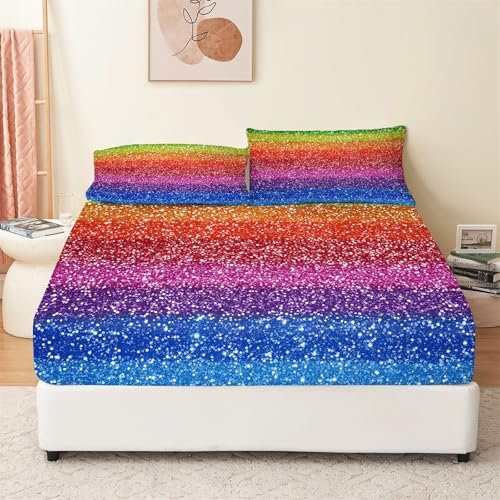 Spannbettlaken 180x200 cm, Traumkunst Regenbogen Pailletten Spannbetttuch Microfaser Bettwäsche Dekor Set, Fantasy Kunst Weiches Atmungsaktives Spannbetttuch für bis 25-30 cm Matraze
