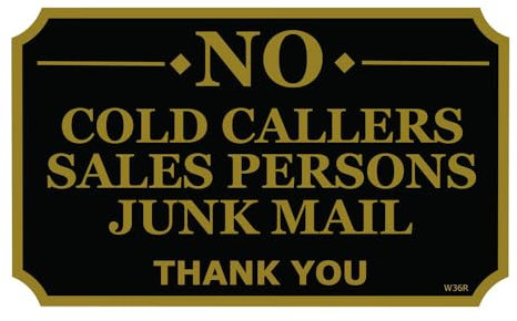 Sticker Gold - CLASSY 11cm NO COLD CALLERS, SALES PERSONS, JUNK MAIL Self Adhesive Stickers - Sign, Letter Box, Front Door, Flyers, Leaflets, Canvasing, Warning, Notice (Black-Gold) SG319