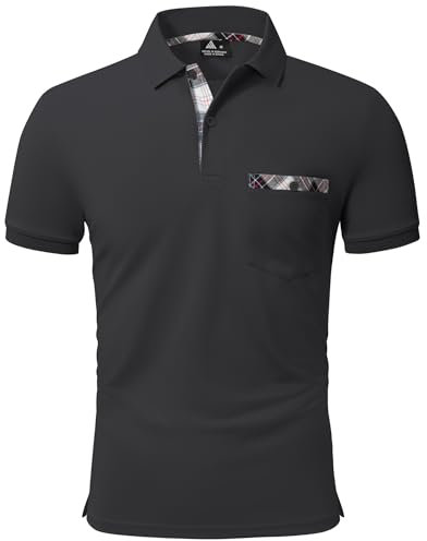 geeksport Poloshirt Herren Kurzarm Golf Polo mit Tasche Kontrastfarbe Sommer Atmungsaktive T-Shirt Business Elegant Polohemd für Männer(Dunkelgrau L)