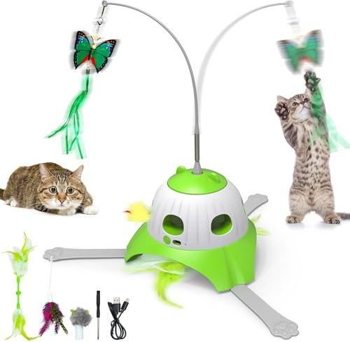 IOKHEIRA Katzenspielzeug, Automatische Katzenspielzeuge Für Wohnungskatzen, Interaktive Katzenspielzeuge, Mit Flatterndem Schmetterling Und Plüschbällen, USB-aufladbare Interaktive Feder-Spielzeuge