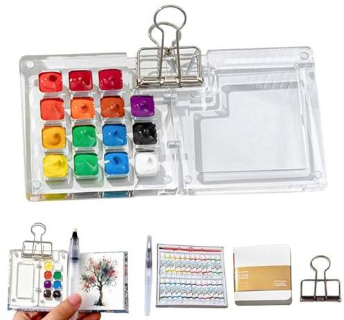Portable Palette, Mini Travel Paint Set with 15 Grids Mini Wood Palette Box, Pocket Artist Watercolour Palette, Sketchbook Palette Pocket Travel Paint Tray Box with Metal Clip, Watercolor Pen