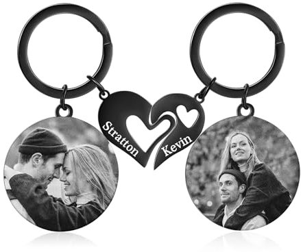 jewelora Porte-clés Photo Personnalisé avec Gravure Porte Clef de Couple avec Prénom Porte Clef Coeur Couple Amoureux pour 2 Cadeau de Couple