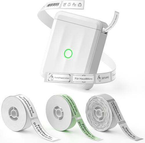 NIIMBOT D110 Mini Etikettendrucker mit 3 Etikettenrollen, D110 Upgrade Selbstklebend Etikettiergerät Beschriftungsgerät, Bluetooth Label Printer Sticker Drucker, Geeignet für Zuhause Schule, Weiß