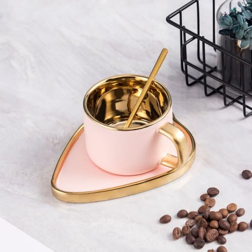 FülleMore Porzellan Cappuccinotasse mit Untertasse Goldrand Espressotasse 200ml Mokkatasse Kaffeetasse Set Kaffeeservice Set für Café Espresso Latte Mokka (Rosa)