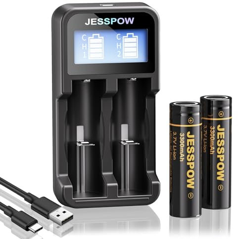 Flat Top Batteria ricaricabile da 3,7 V con caricabatterie, 3300 mAh 3,7 Volt per torcia, torcia LED, piccola ventola [batteria da 2 pezzi, non AA/AAA)