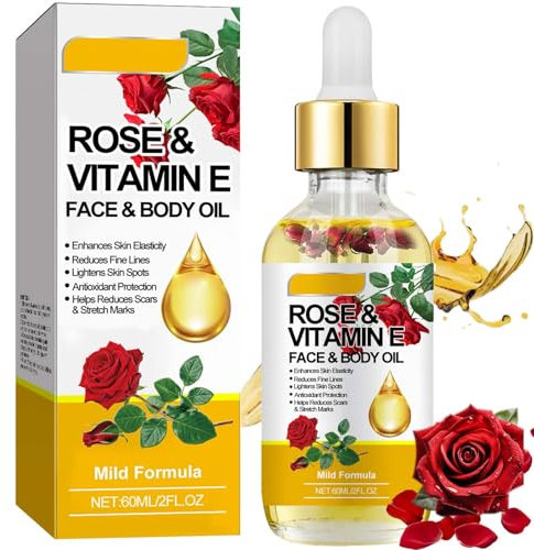 Rose and Vitamin E Face Oil – For Face and Body Skincare Radiant, Youthful Glow. Deeply Nourishes, Enhances Elasticity, and Lightens Spots. Fade Fine Lines Perfect for Dry Skin Fragrant Massage Oil