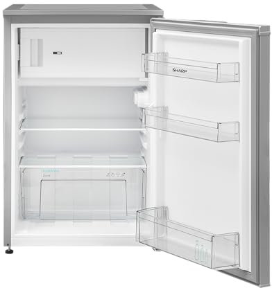 SHARP SJ-UD121T2S-EU Kühlschrank mit Gefrierfach / 121L Nutzinhalt, davon 17L im Gefrierfach/kleiner Kühlschrank mit stufenloser Temperaturregelung/LED Innenbeleuchtung/Silber