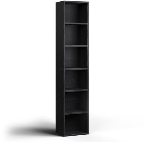Nordivale Bookcase 6-Tier Black Tall Narrow Bookshelf and Bookshelves Floor Standing Display Storage Shelves Rack Tall Cube Storage Shelving Unit for Home Office, Living Room, and Bedroom, 1 Pack