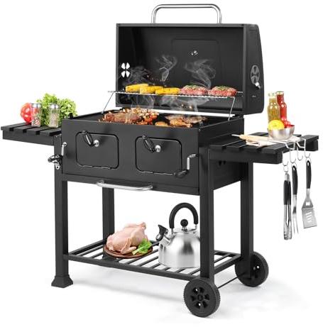 Outopee Large Charcoal BBQ Grill, 2 in 1 Barbecue with Foldable Side Tables | Portable with Spacious Cooking Area, Wheels, Outdoor Garden Barbecue Smoker for Camping Backyard Patio Party Picnic